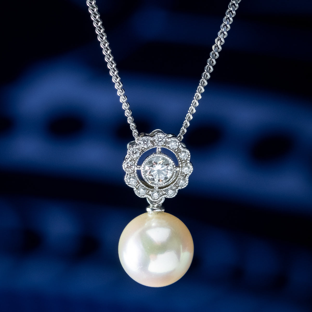 Edwardian Style Pearl Diamond Pendant Necklace 18ct Gold