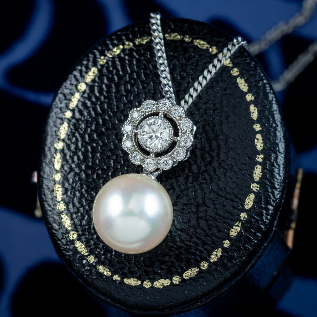 Edwardian Style Pearl Diamond Pendant Necklace 18ct Gold