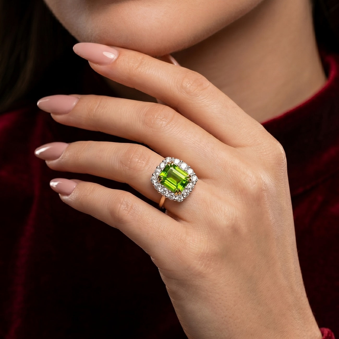 Edwardian Style Peridot Diamond Cluster Ring 4.57ct Peridot With Cert Secondary image