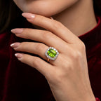 Edwardian Style Peridot Diamond Cluster Ring 4.57ct Peridot With Cert