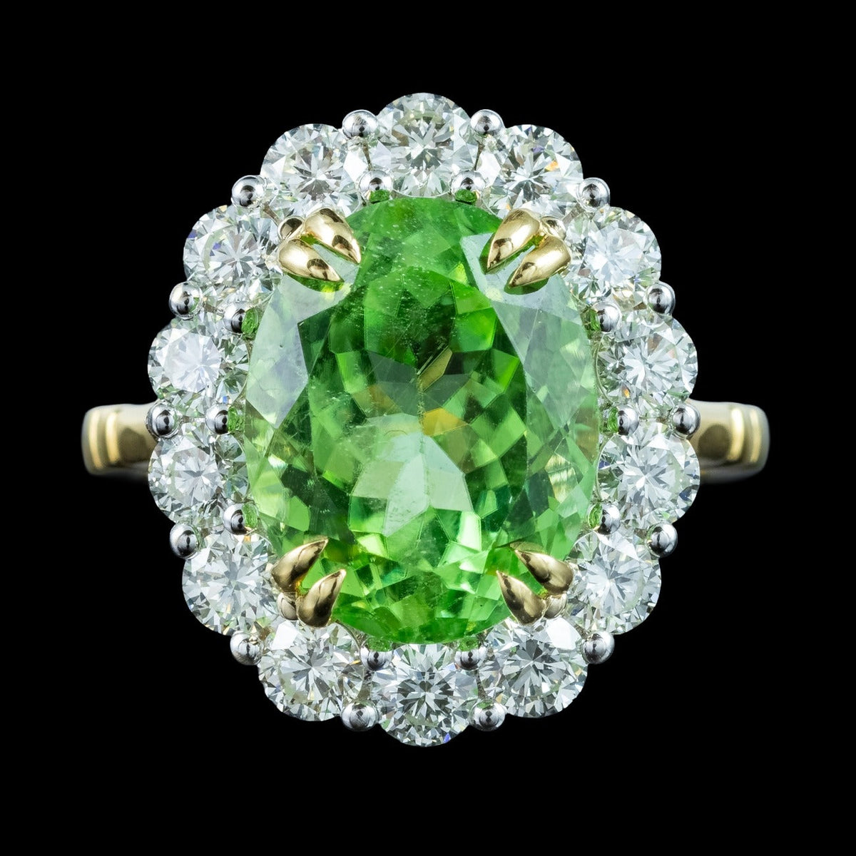 Edwardian Style Peridot Diamond Cluster Ring 6.89ct Peridot With Cert