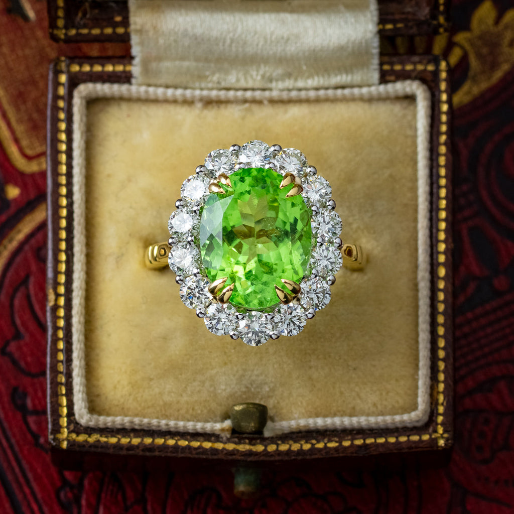 Edwardian Style Peridot Diamond Cluster Ring 6.89ct Peridot With Cert