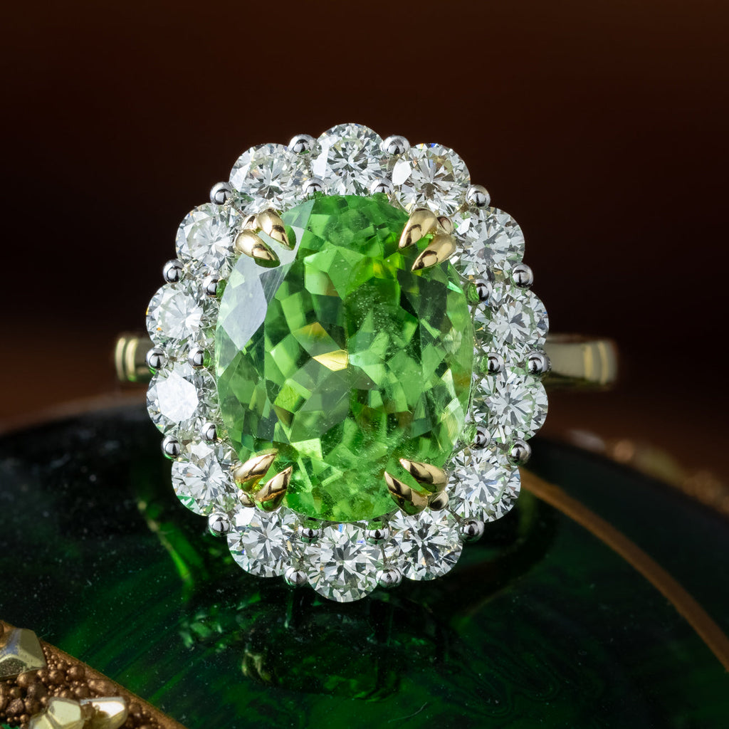 Edwardian Style Peridot Diamond Cluster Ring 6.89ct Peridot With Cert