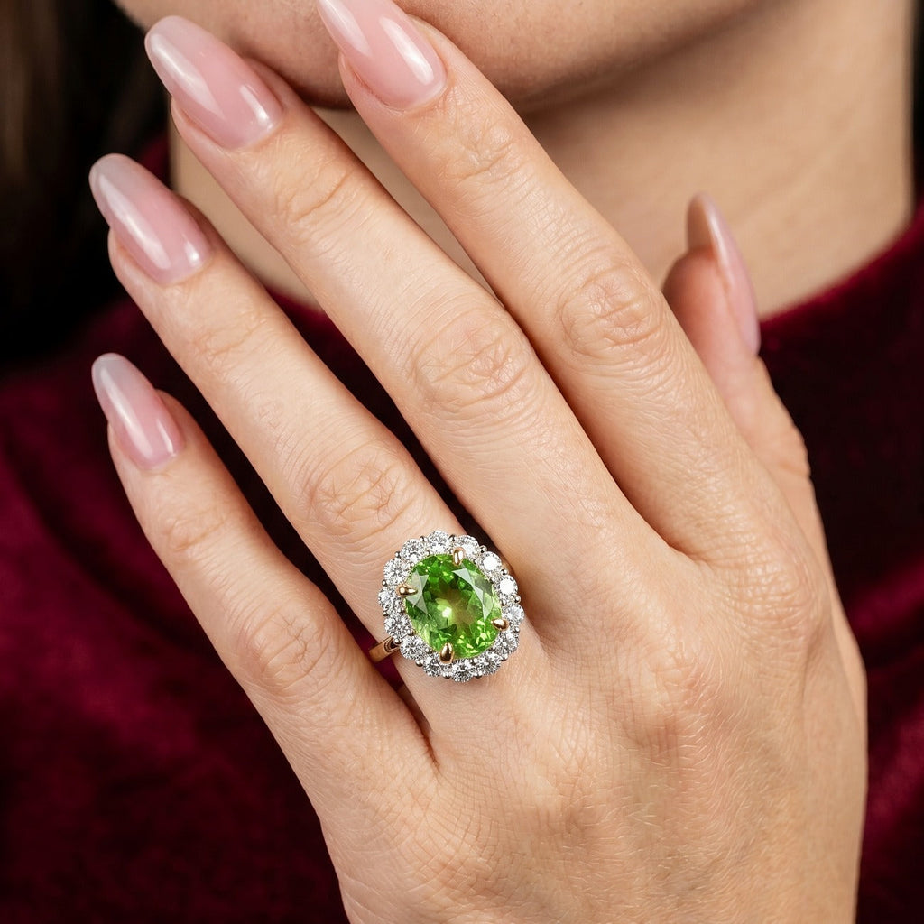 Edwardian Style Peridot Diamond Cluster Ring 6.89ct Peridot With Cert