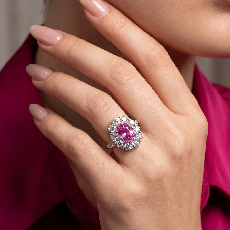 Edwardian Style Sapphire Diamond Cluster Ring 1.75ct Pink Sapphire
