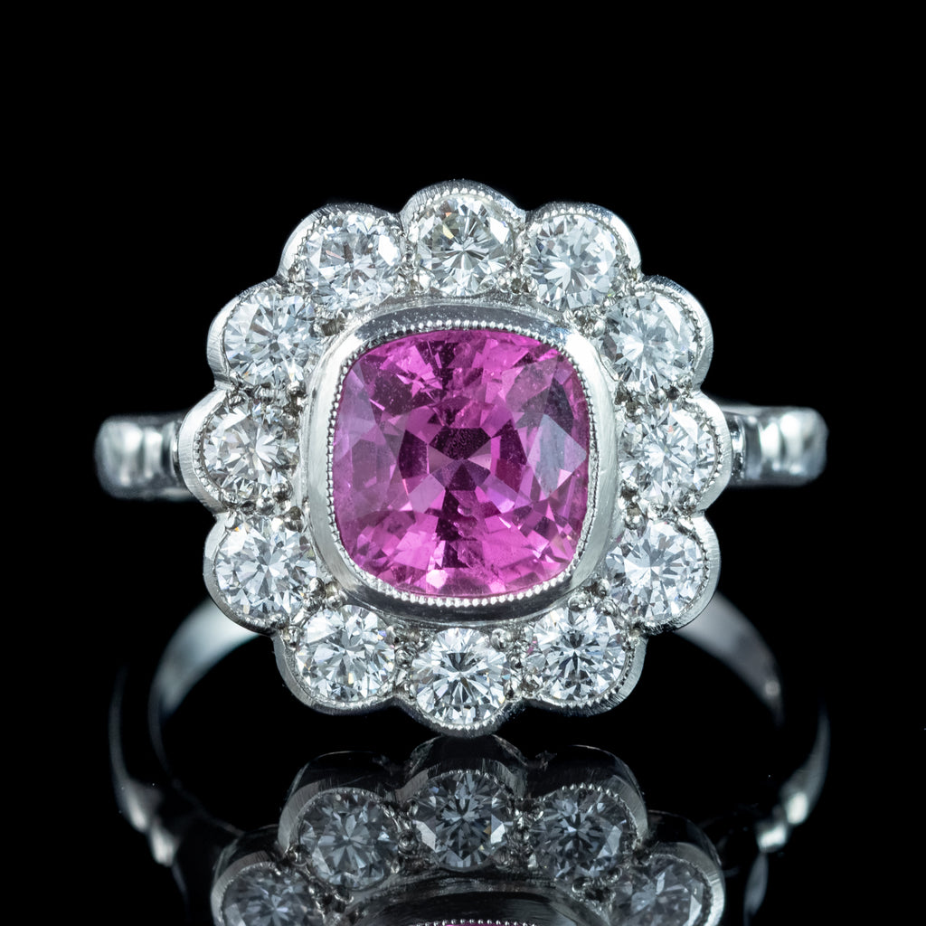 Edwardian Style Pink Sapphire Diamond Cluster Ring 2.2ct Sapphire
