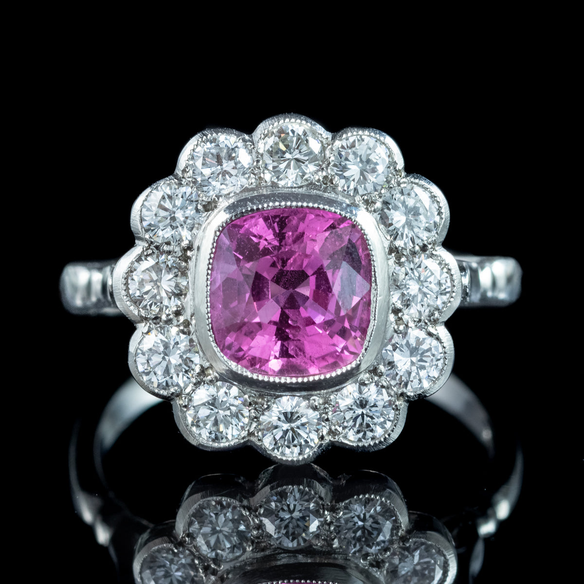 Edwardian Style Pink Sapphire Diamond Cluster Ring 2.2ct Sapphire