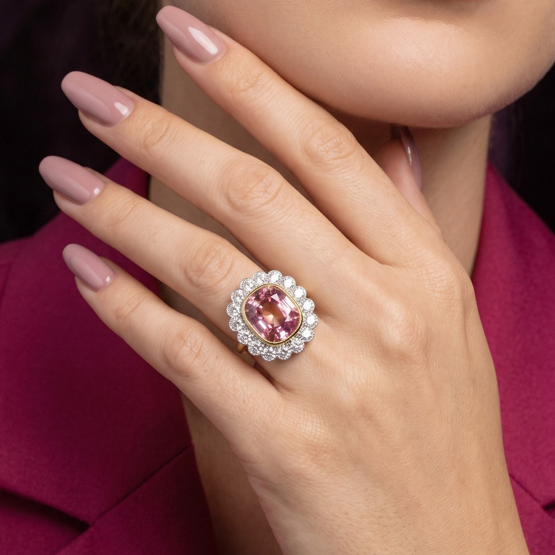 Edwardian Style Pink Tourmaline Diamond Cluster Cocktail Ring 9.50ct Centre With Cert Secondary image