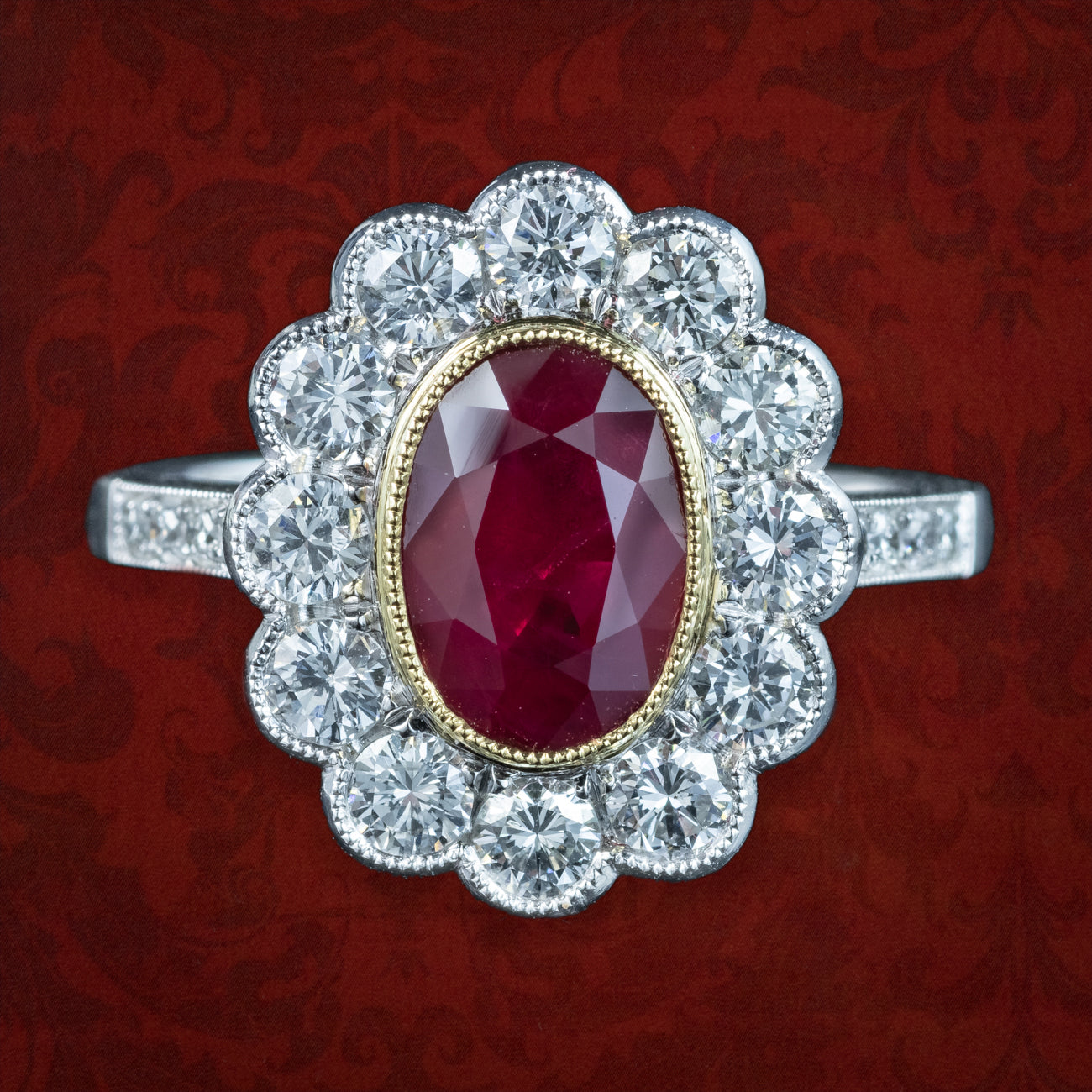 Edwardian Style Ruby Diamond Cluster Ring 2.05ct Burmese Ruby Main image