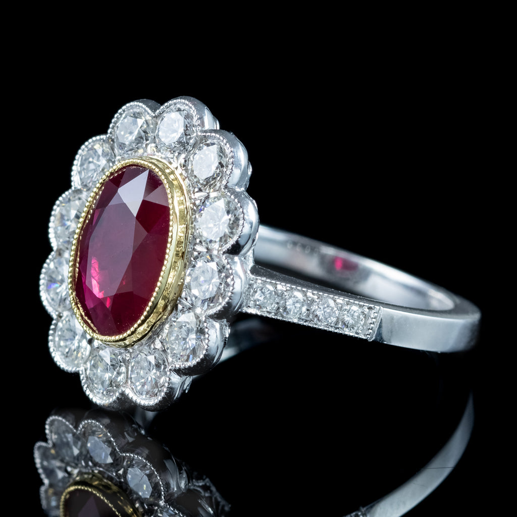 Edwardian Style Ruby Diamond Cluster Ring 2.05ct Burmese Ruby
