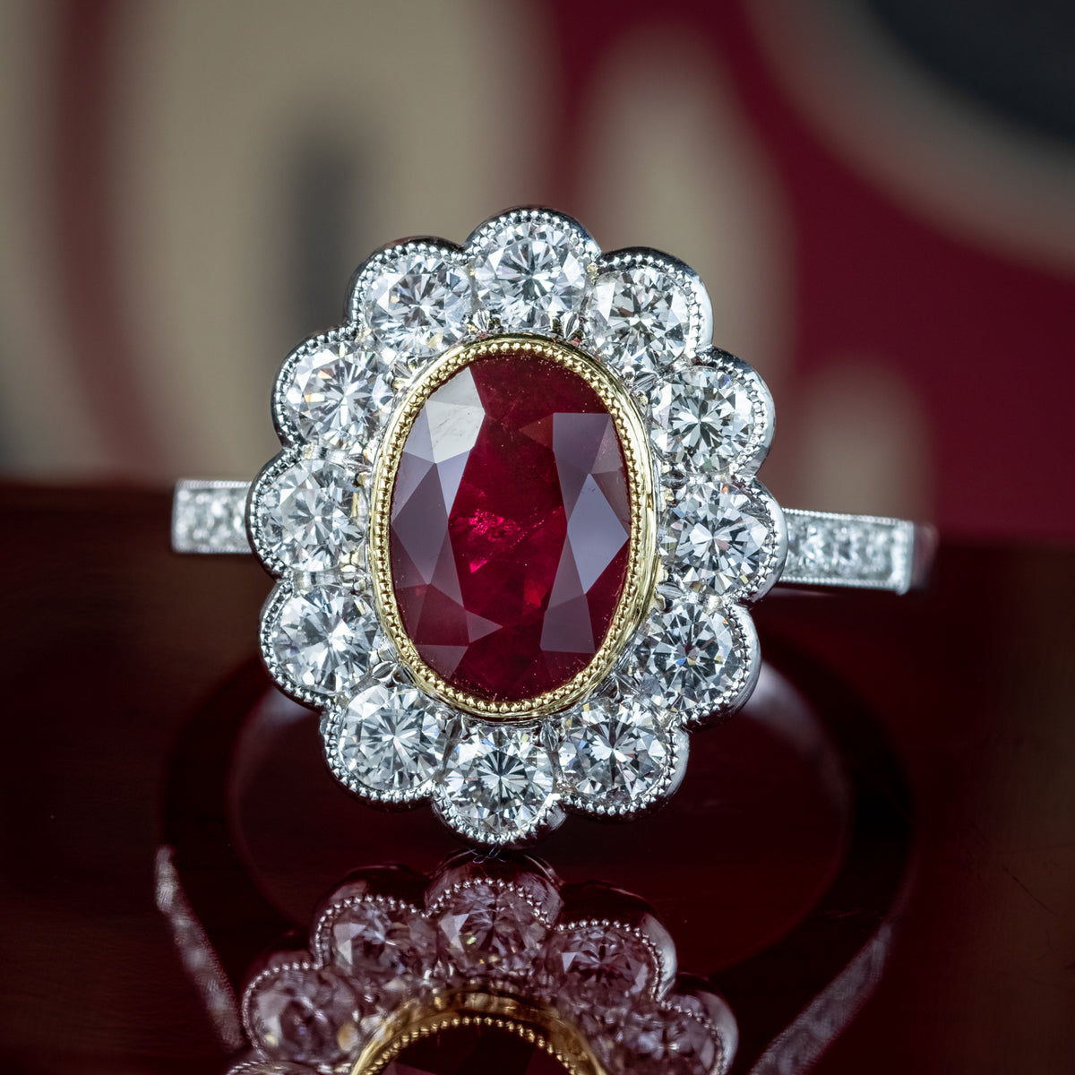 Edwardian Style Ruby Diamond Cluster Ring 2.05ct Burmese Ruby