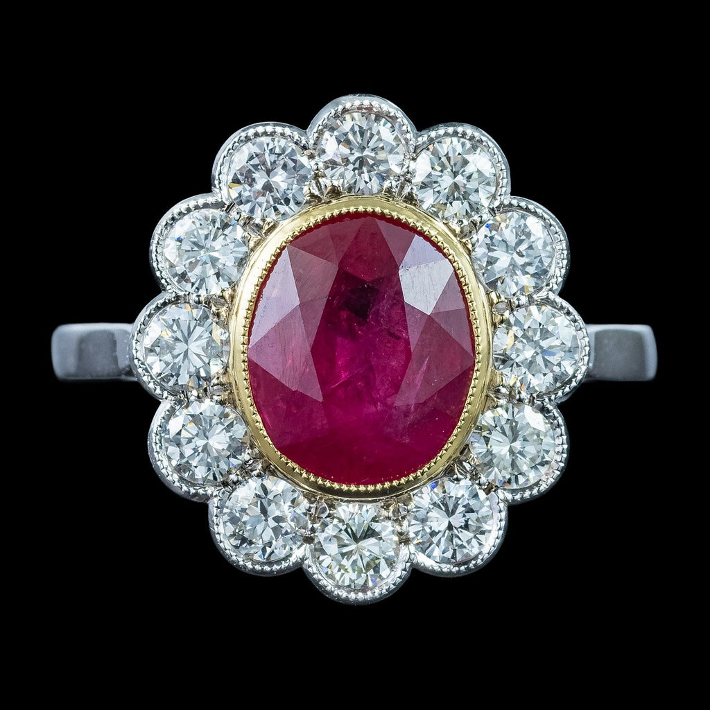 Edwardian Style Ruby Diamond Daisy Cluster Ring 3.22ct Ruby