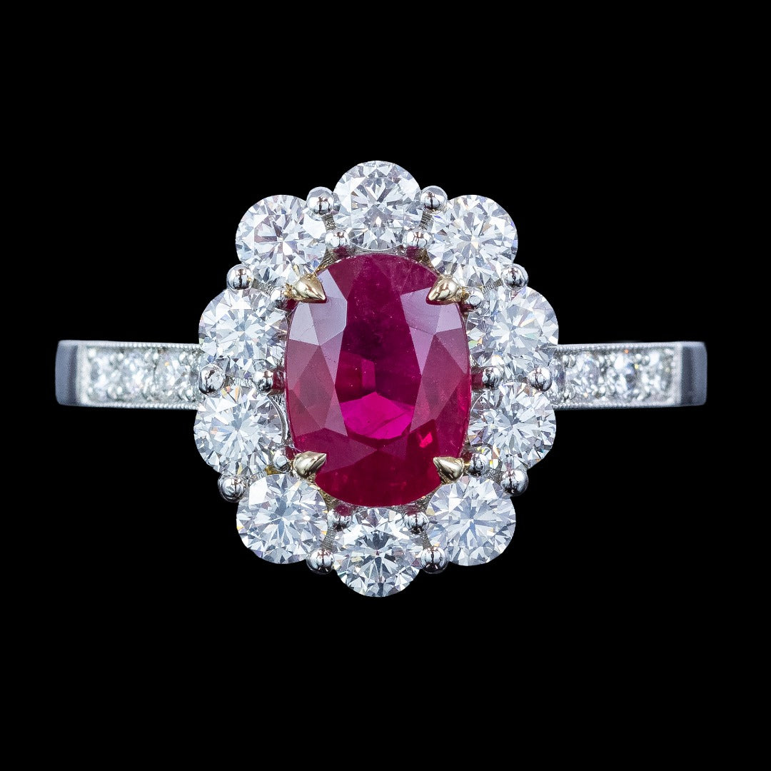 Edwardian Style Ruby Diamond Daisy Cluster Ring 1.67ct Ruby