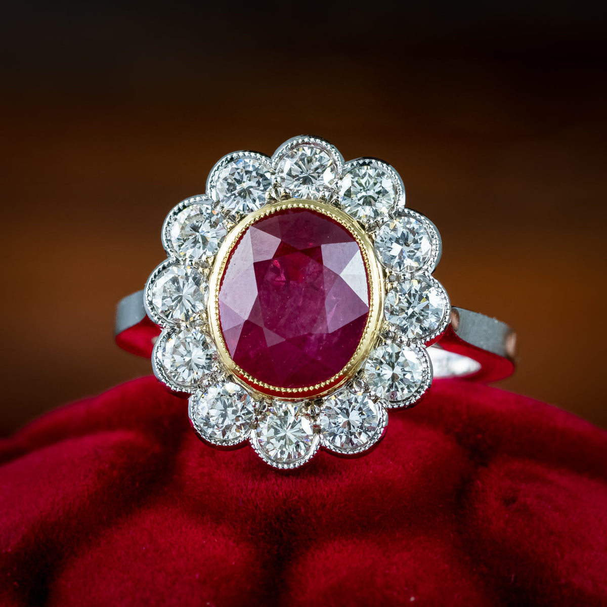 Edwardian Style Ruby Diamond Daisy Cluster Ring 3.22ct Ruby