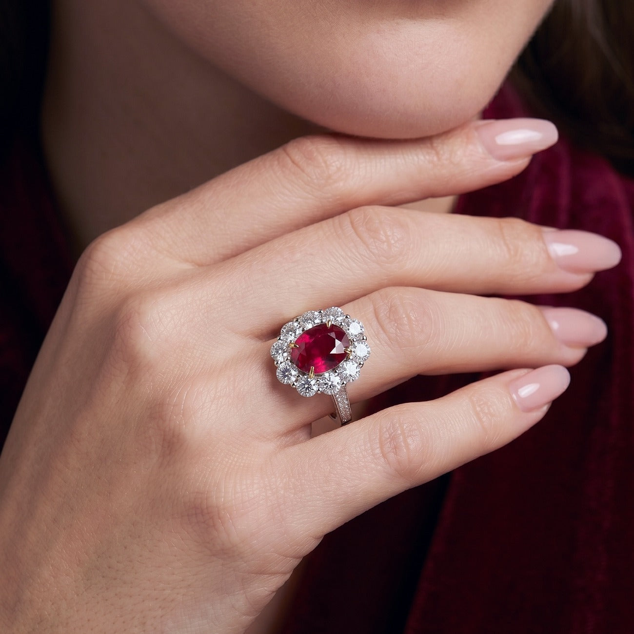 Edwardian Style Ruby Diamond Daisy Cluster Ring 2.12ct Burmese Ruby Secondary image