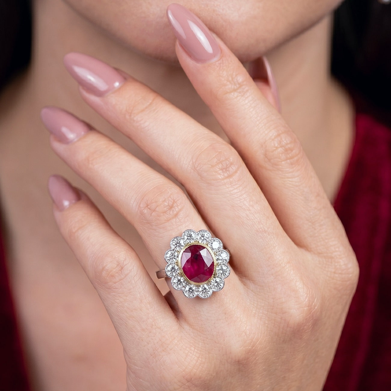 Edwardian Style Ruby Diamond Daisy Cluster Ring 3.22ct Ruby Secondary image