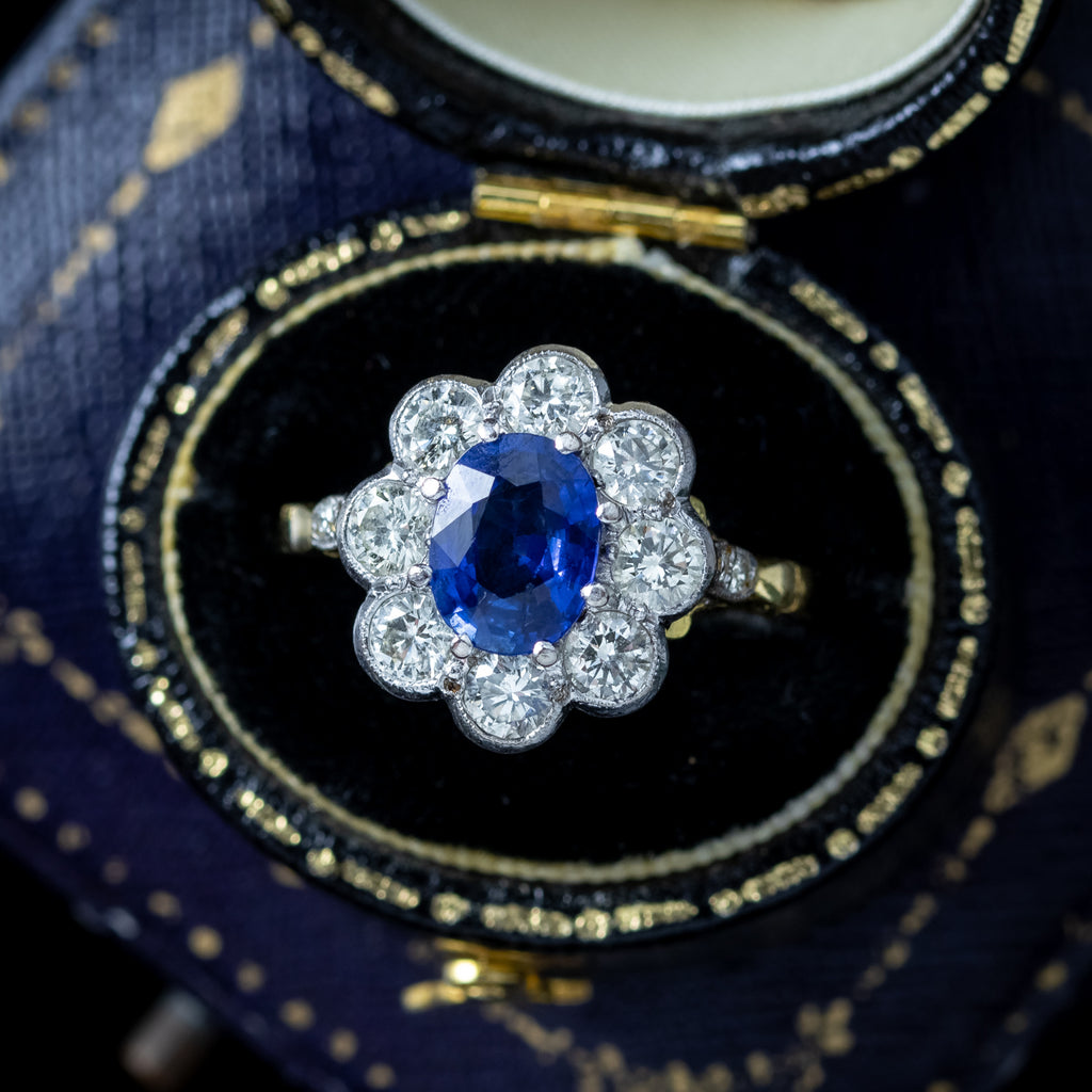 Edwardian Style Sapphire Diamond Daisy Cluster Ring 1.2ct Sapphire