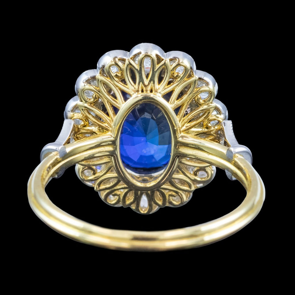 Edwardian Style Sapphire Diamond Cluster Ring 3.44ct Blue Sapphire 