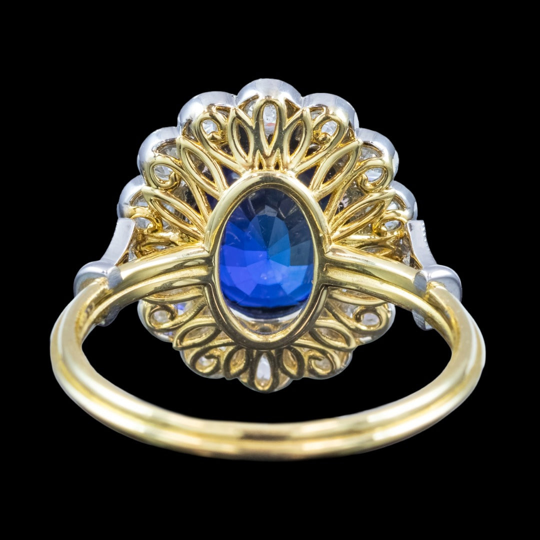 Edwardian Style Sapphire Diamond Cluster Ring 3.44ct Blue Sapphire 