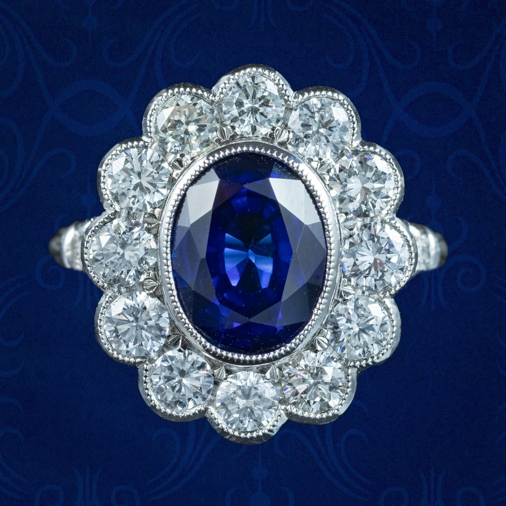 Edwardian Style Sapphire Diamond Cluster Ring 3.50ct Sapphire