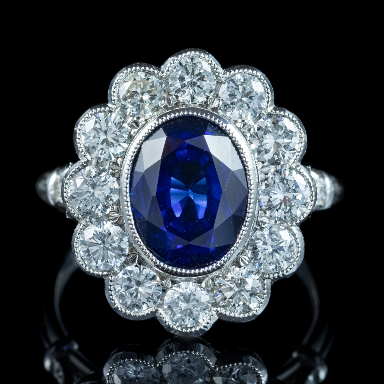 Edwardian Style Sapphire Diamond Cluster Ring 3.50ct Sapphire Secondary image