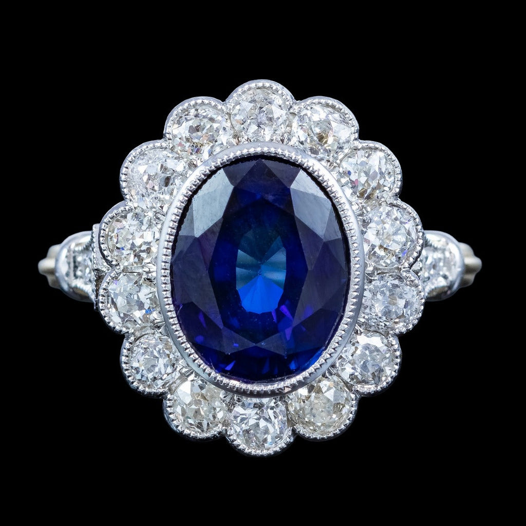 Edwardian Style Sapphire Diamond Cluster Ring 3.44ct Blue Sapphire 
