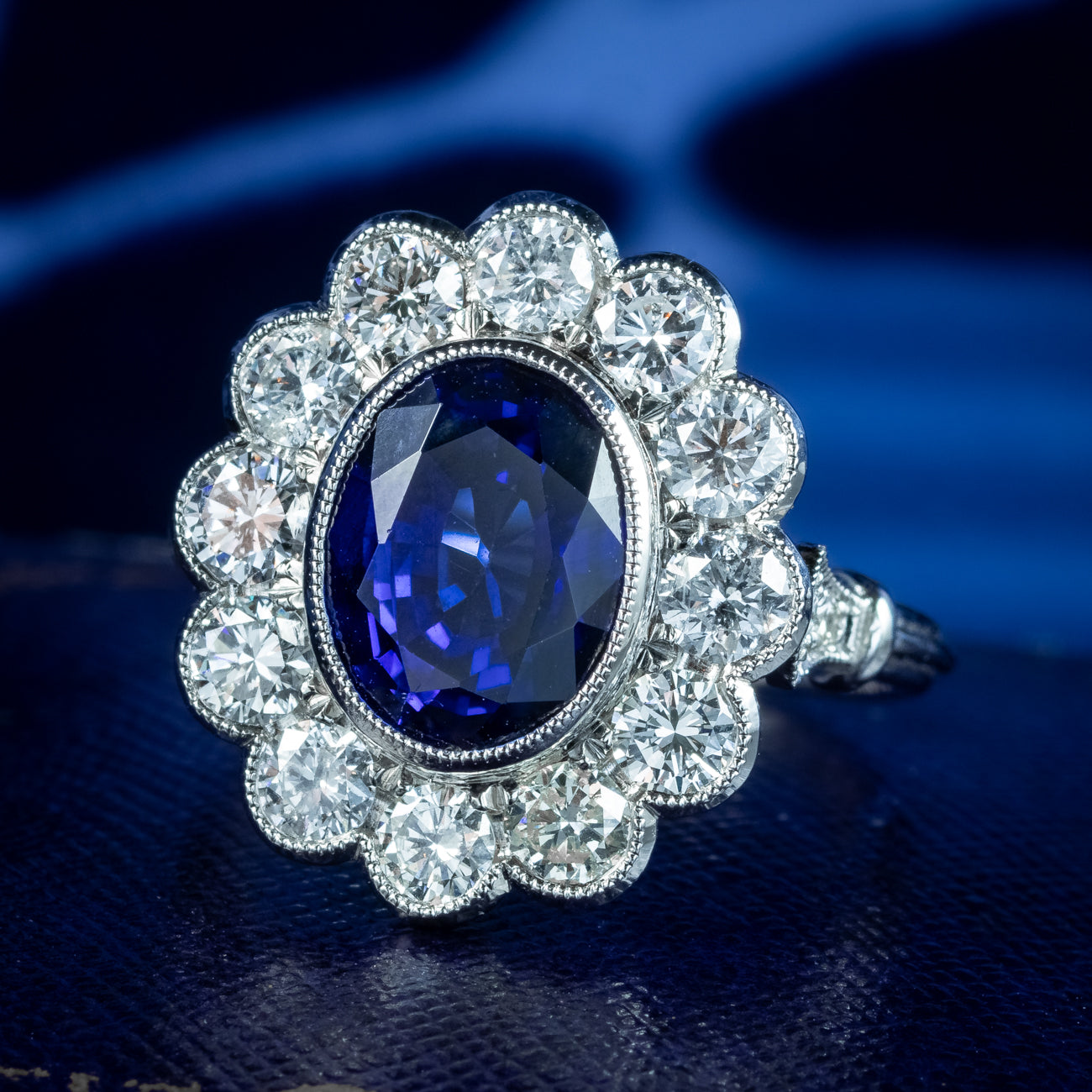 Edwardian Style Sapphire Diamond Cluster Ring 3.50ct Sapphire