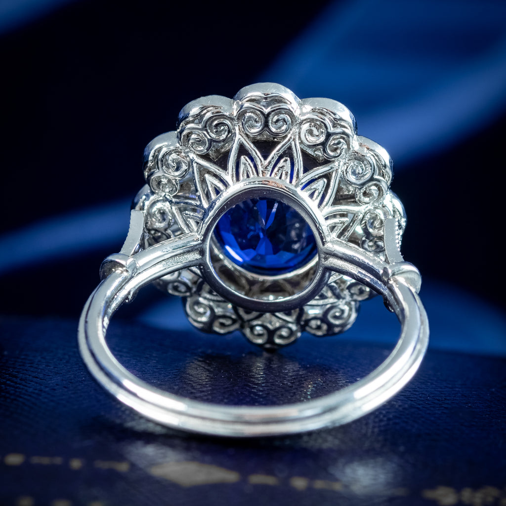 Edwardian Style Sapphire Diamond Cluster Ring 3.50ct Sapphire