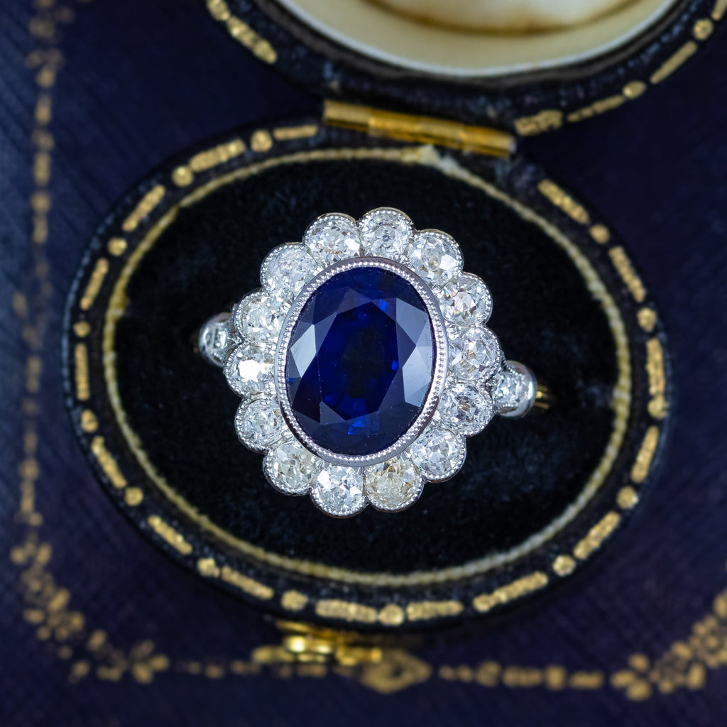 Edwardian Style Sapphire Diamond Cluster Ring 3.44ct Blue Sapphire 