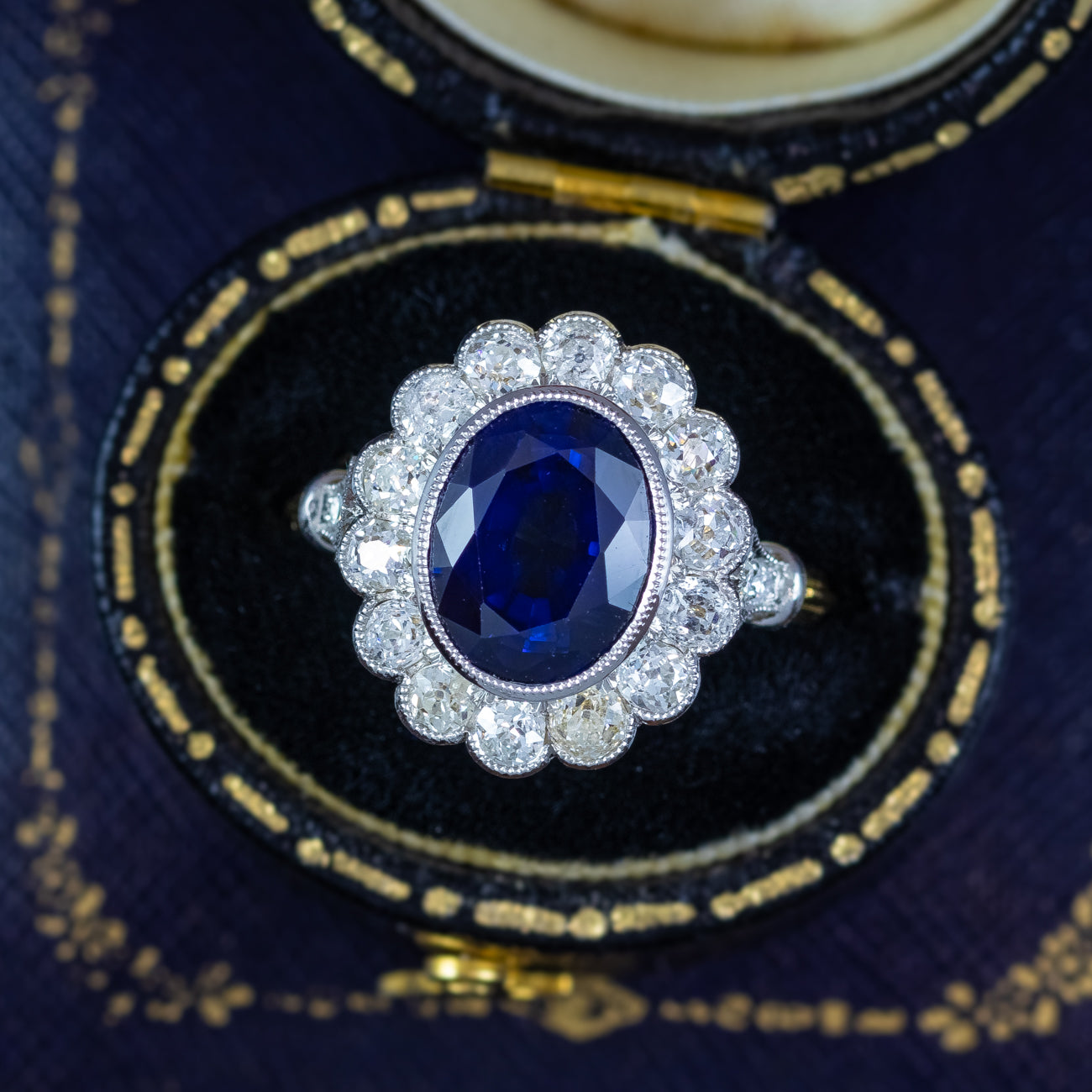 Edwardian Style Sapphire Diamond Cluster Ring 3.44ct Blue Sapphire 