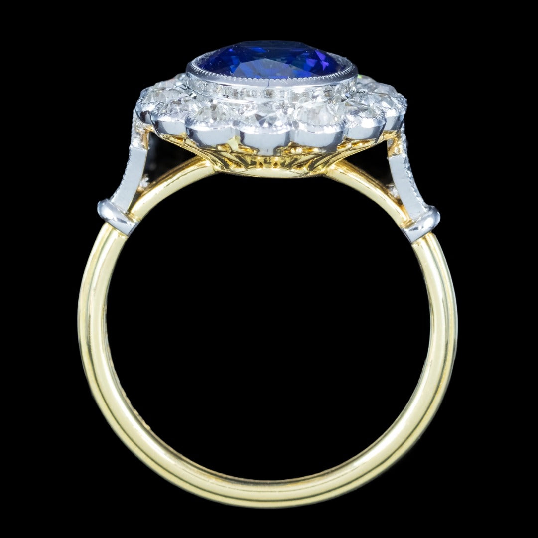 Edwardian Style Sapphire Diamond Cluster Ring 3.44ct Blue Sapphire 