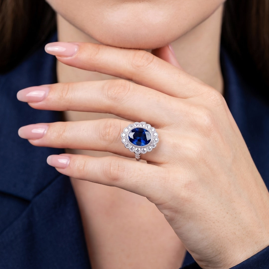Edwardian Style Sapphire Diamond Cluster Ring 3.44ct Blue Sapphire 
