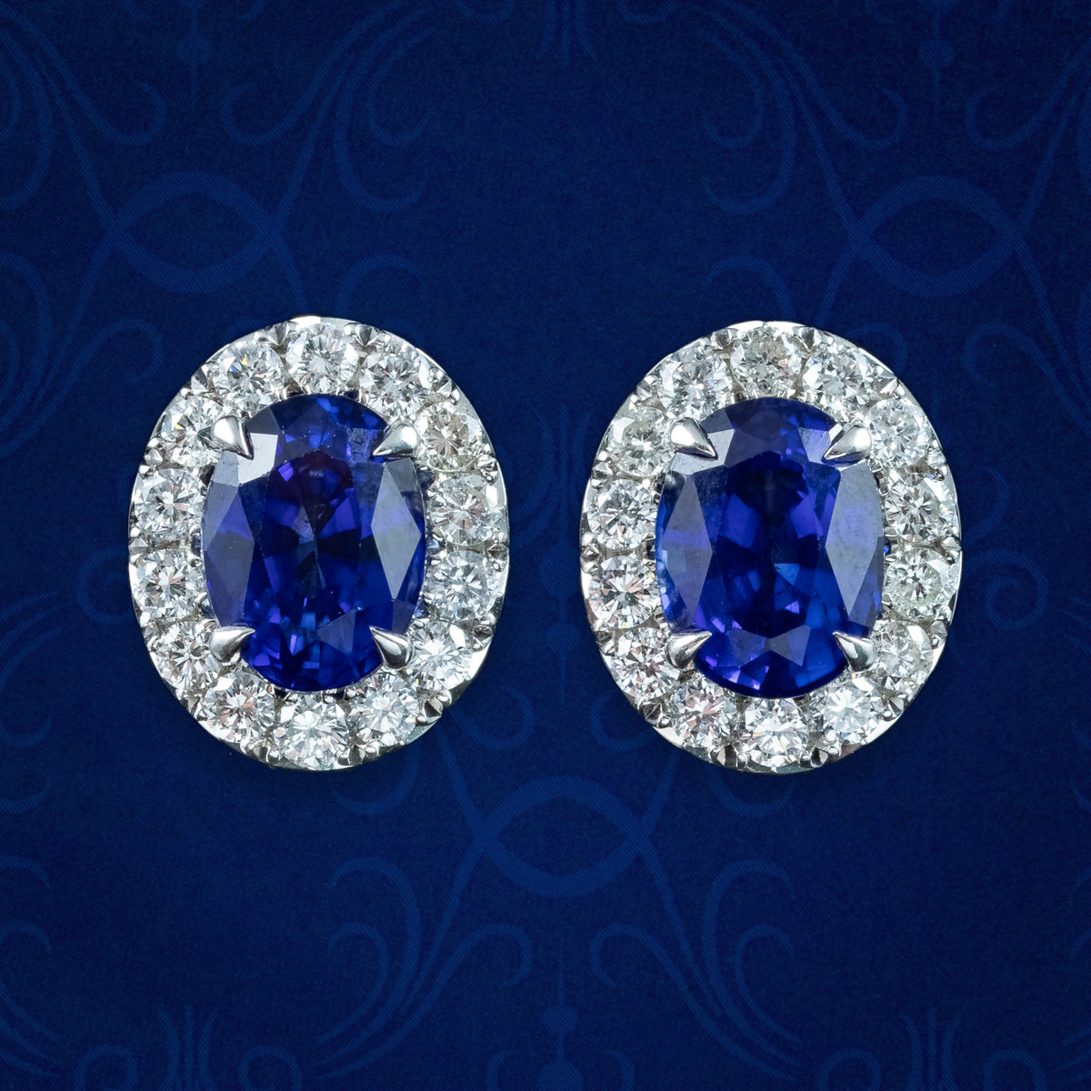 Edwardian Style Sapphire Diamond Cluster Stud Earrings 18ct Gold 3.59ct Sapphire