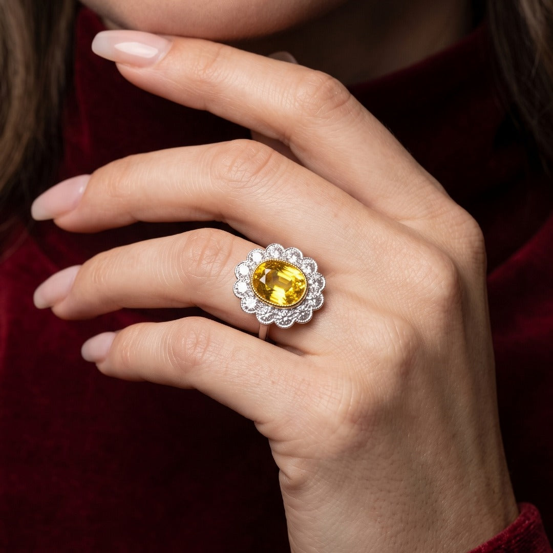 Edwardian Style Sapphire Diamond Daisy Cluster Ring 2.76ct Yellow Sapphire Secondary image