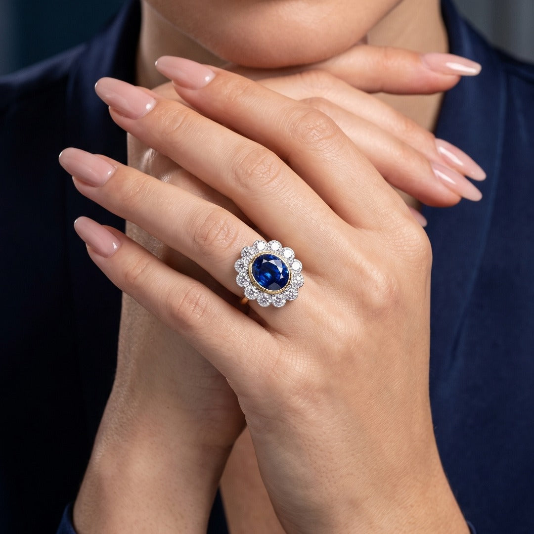 Edwardian Style Sapphire Diamond Daisy Cluster Ring 6.08ct Sapphire With Cert