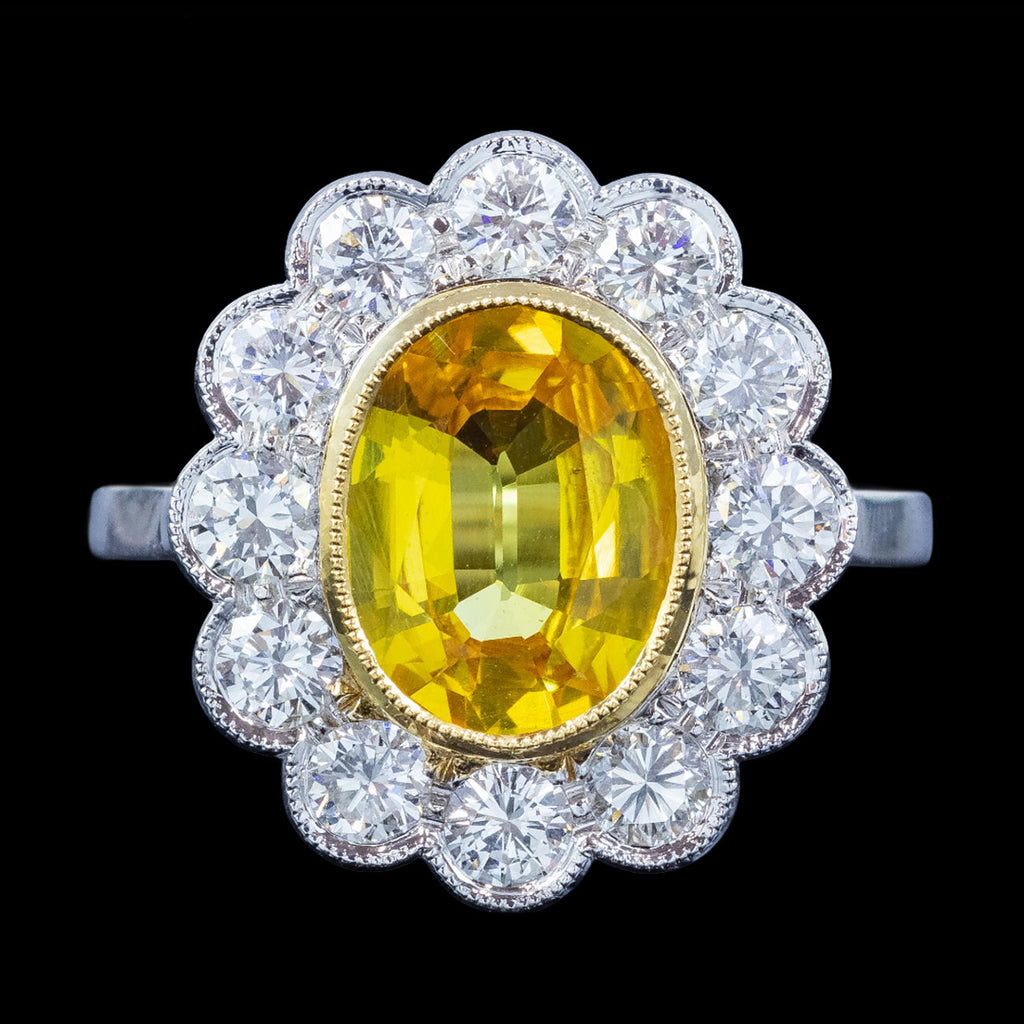 Edwardian Style Sapphire Diamond Daisy Cluster Ring 2.76ct Yellow Sapphire