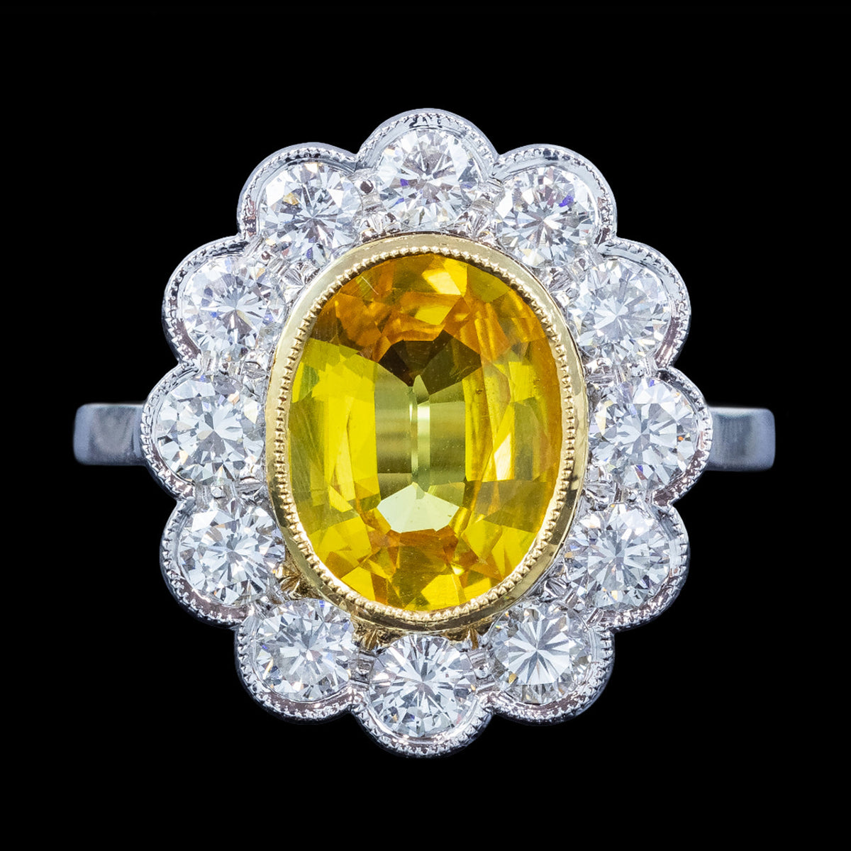 Edwardian Style Sapphire Diamond Daisy Cluster Ring 2.76ct Yellow Sapphire
