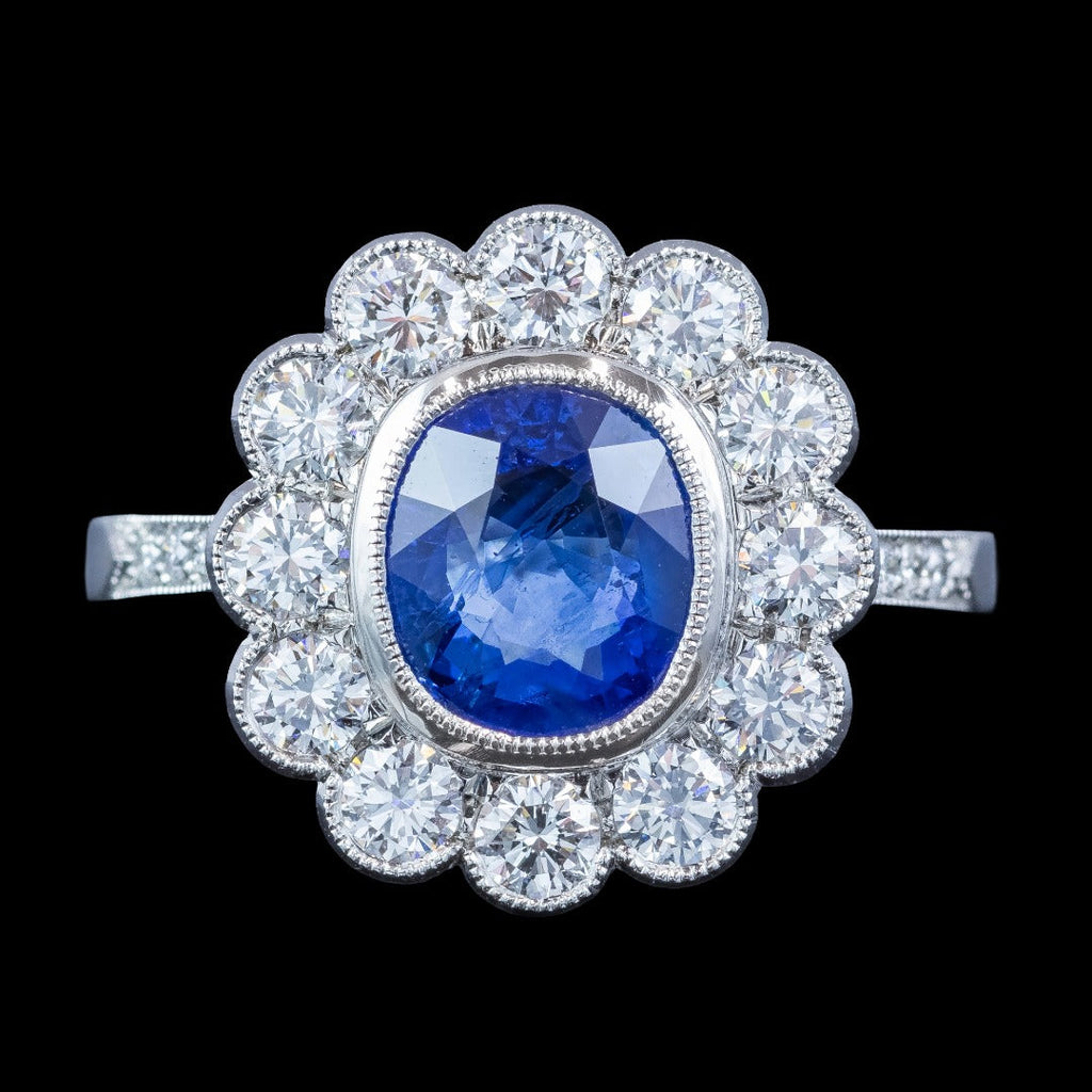 Edwardian Style Sapphire Diamond Daisy Cluster Ring 2.58ct Sapphire 
