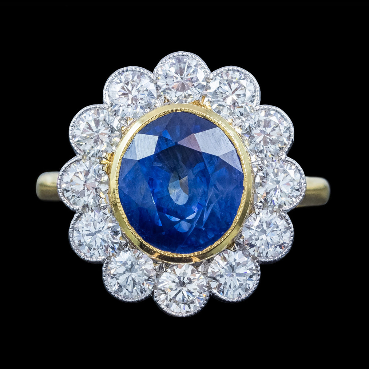 Edwardian Style Sapphire Diamond Daisy Cluster Ring 6.08ct Sapphire With Cert