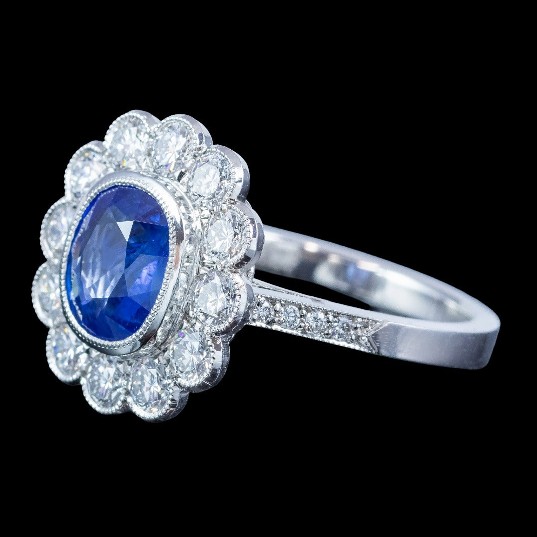 Edwardian Style Sapphire Diamond Daisy Cluster Ring 2.58ct Sapphire 
