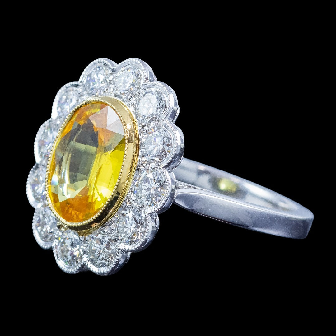 Edwardian Style Sapphire Diamond Daisy Cluster Ring 2.76ct Yellow Sapphire