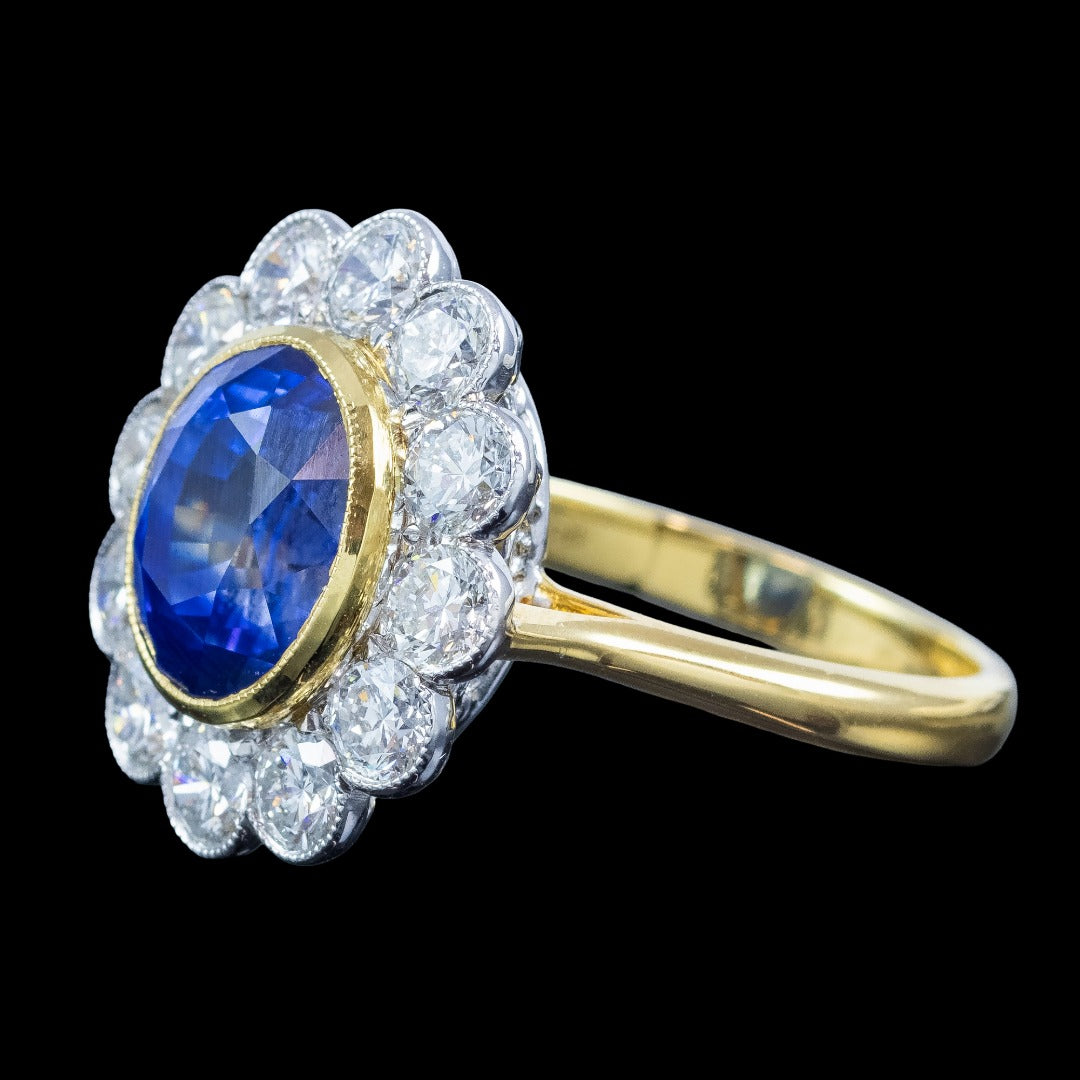 Edwardian Style Sapphire Diamond Daisy Cluster Ring 6.08ct Sapphire With Cert