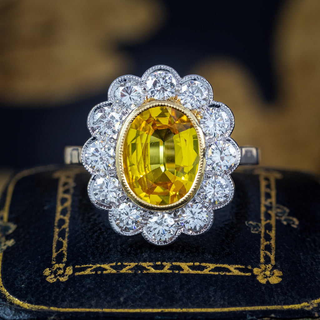 Edwardian Style Sapphire Diamond Daisy Cluster Ring 2.76ct Yellow Sapphire