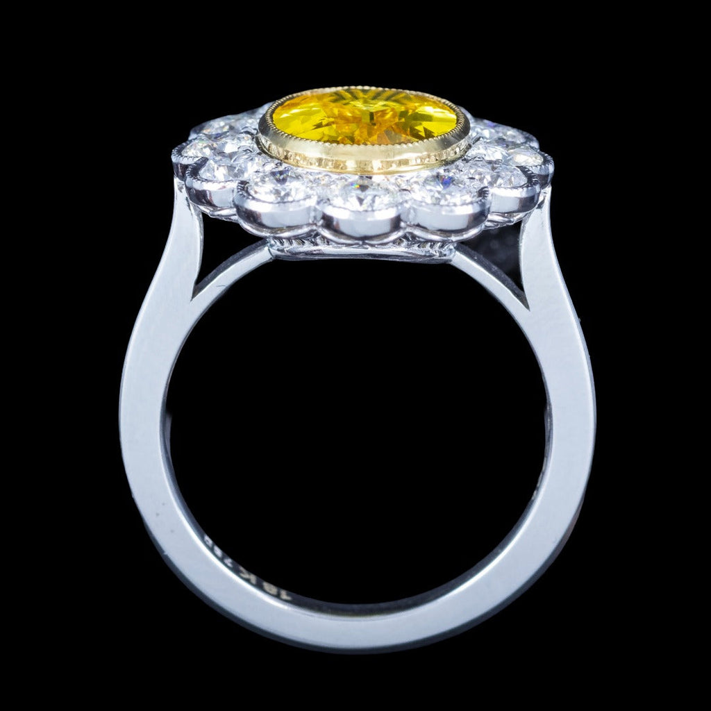 Edwardian Style Sapphire Diamond Daisy Cluster Ring 2.76ct Yellow Sapphire