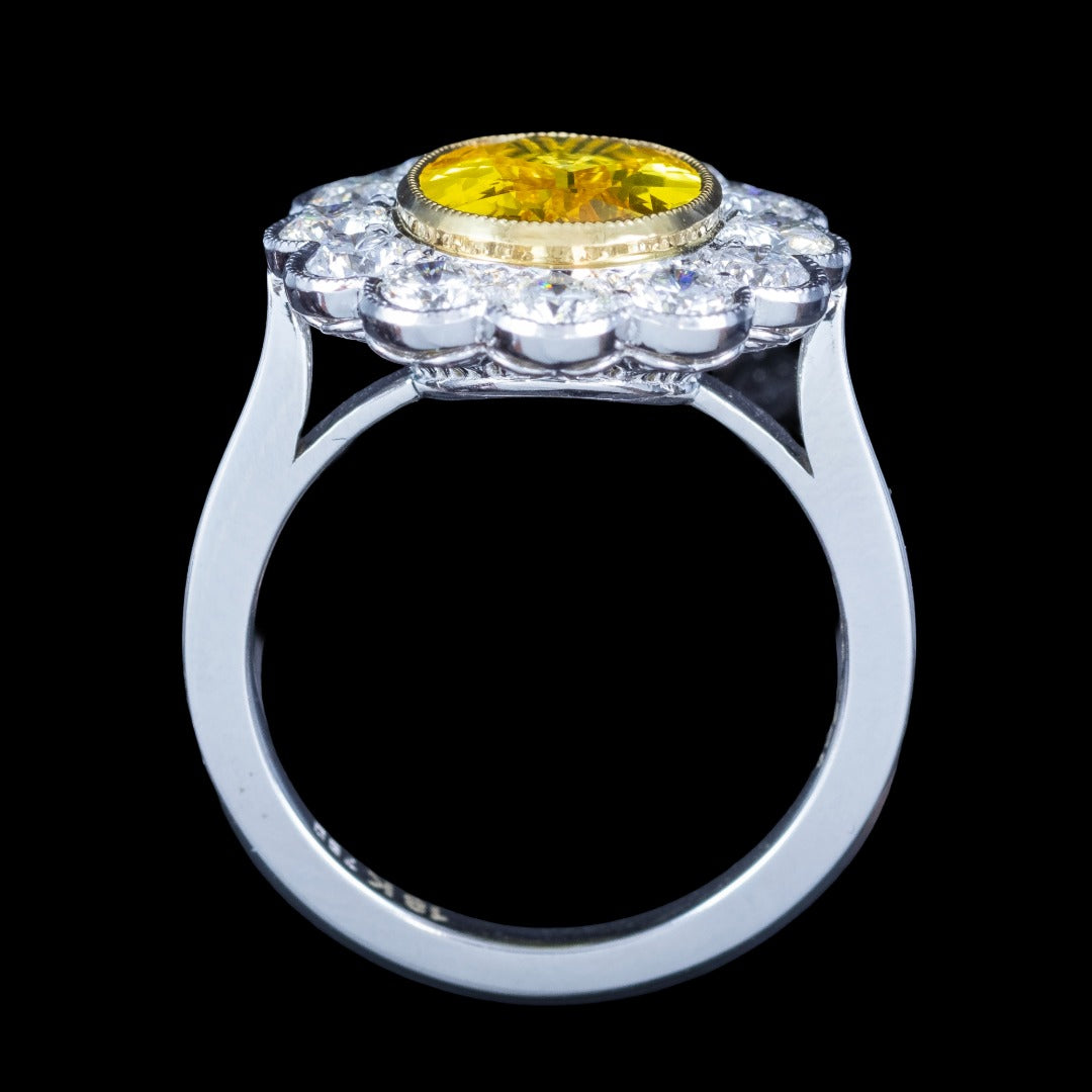Edwardian Style Sapphire Diamond Daisy Cluster Ring 2.76ct Yellow Sapphire