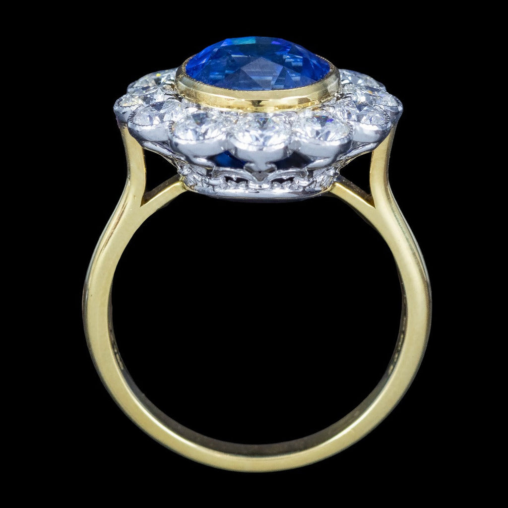 Edwardian Style Sapphire Diamond Daisy Cluster Ring 6.08ct Sapphire With Cert