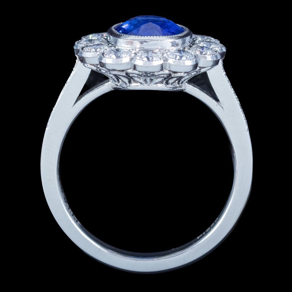 Edwardian Style Sapphire Diamond Daisy Cluster Ring 2.58ct Sapphire 