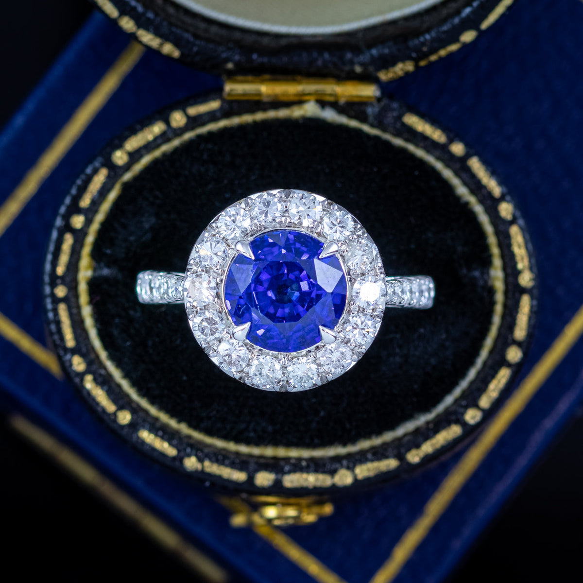 Edwardian Style Sapphire Diamond Halo Cluster Ring 2.66ct Blue Sapphire