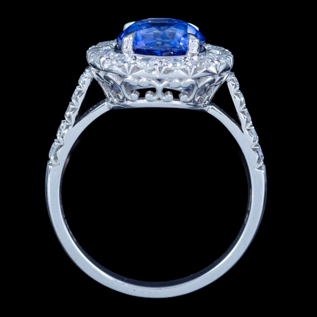 Edwardian Style Sapphire Diamond Halo Cluster Ring 2.66ct Blue Sapphire