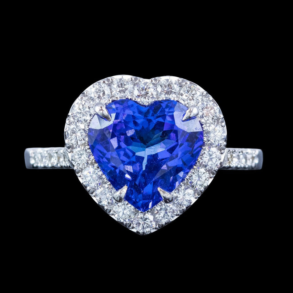 Edwardian Style Tanzanite Diamond Heart Cluster Ring 3.28ct Tanzanite